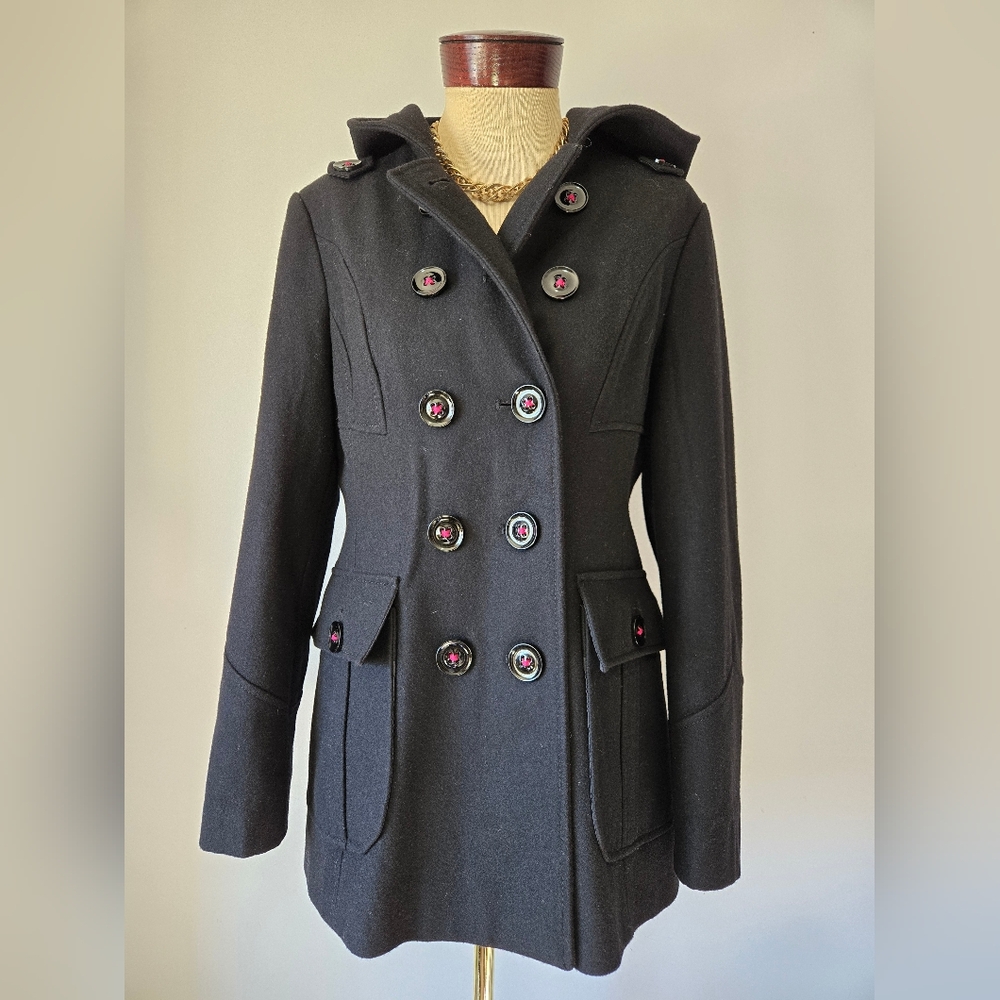 MISS SIXTY Wool Blend Black Double-Breasted Pea coat With Hot Pink Lining.Size L